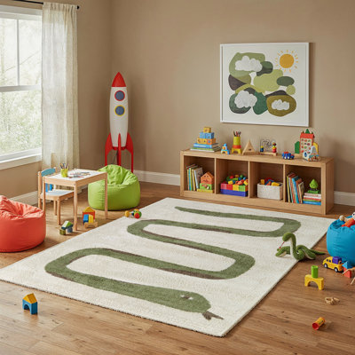 High-pile and Soft Cream and Green Rug with Snake pattern