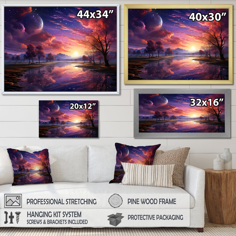«Pink Moon Sunrise Space Landscape I», art mural abstrait, H 16 po x l 32 po x P 1 po, Cadre flottant noir
