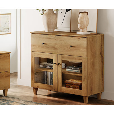 Petit buffet de 35 po avec portes en verre et tiroir, armoire de rangement moderne en bois avec tablette pour le salon et la salle à manger
