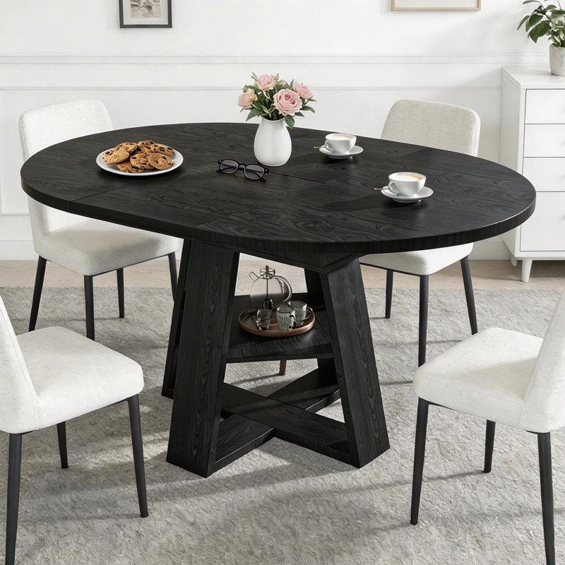 43"–59" Extendable Round Dining Table For 4-8,Oval Kitchen Dining Table With Storage,Black, Black