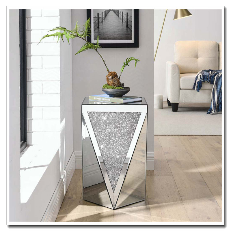 Table de bout en miroir argentée avec incrustation de cristal