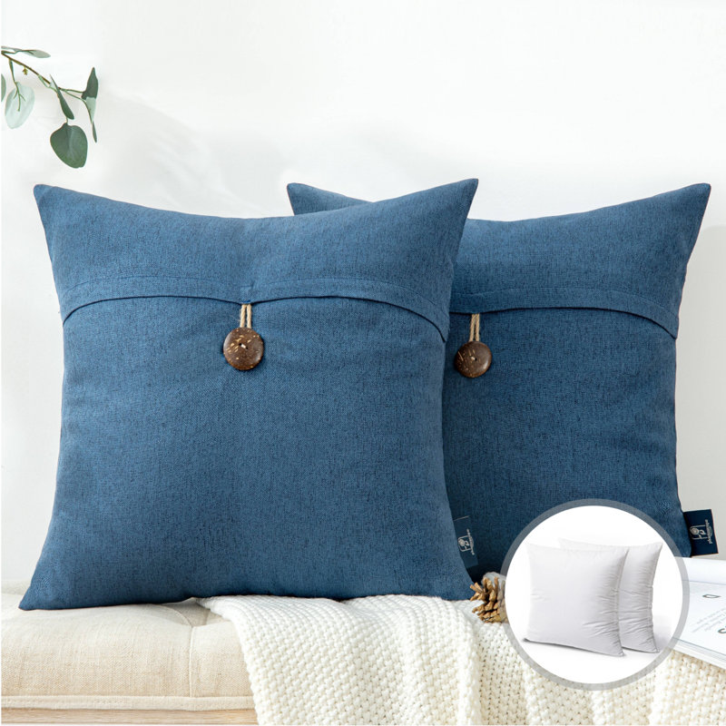 Housse et insert de coussin décoratif en mélange de polyester à bouton unique, Bleu très foncé, Carré 18 po, Polyester