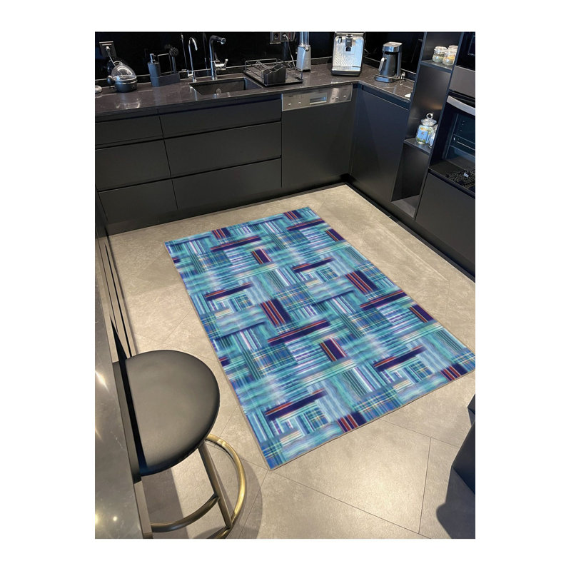 Tapis décoratif bleu à motif lavable à la machine, Tapis de couloir 3 pi 3 po x 9 pi 10 po