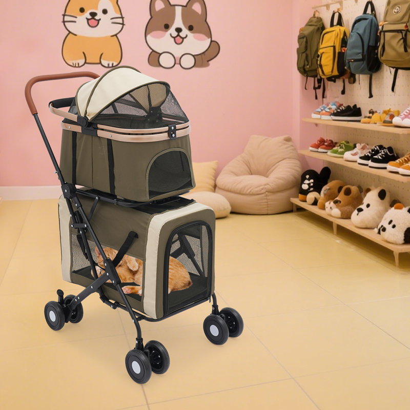 Poussette pliante pour animaux à 2 niveaux pour chiens et chats, chariot de transport pour animaux portable avec sacs amovibles et capacité de 77 lb