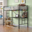Lit mezzanine simple en métal avec bureau, prise de courant et éclairage à DEL, garde de sécurité et échelle, aucun sommier nécessaire, noir