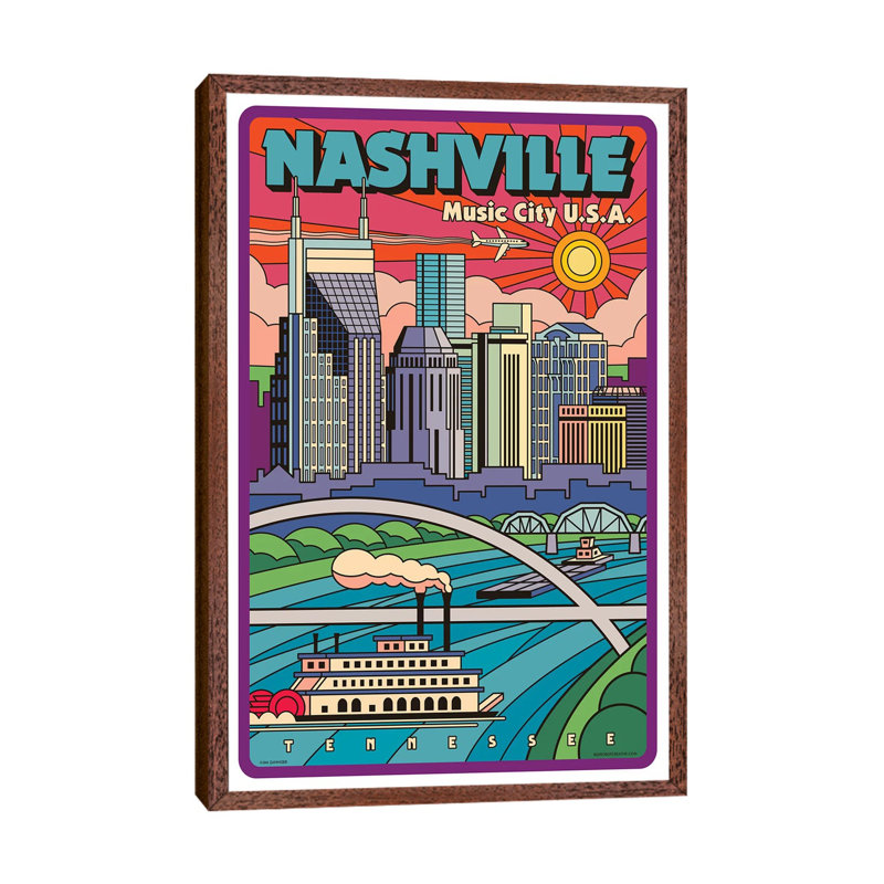 Nashville Pop Art Travel by Jim Zahniser - Print on Canvas, 152.4cm H x 101.6cm W x 3.81cm D, Classic Brown Wood Framed