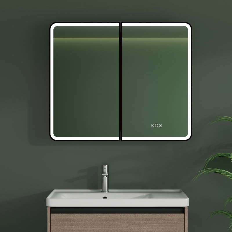 Armoire à pharmacie Brendyn 36 po L x 30 po H avec miroir, éclairage DEL à intensité et couleur réglables, antibuée, fonction mémoire, étagères en verre réglables, montage encastré ou en surface, homologuée ETL