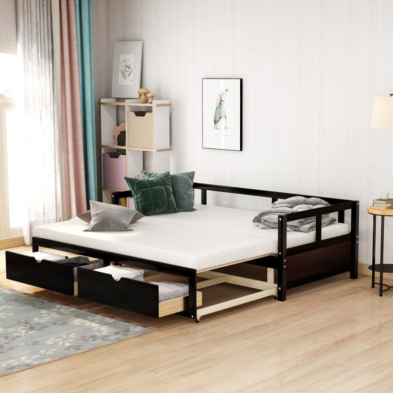 Wooden Daybed With Trundle Bed And Two Storage Drawers, Espresso