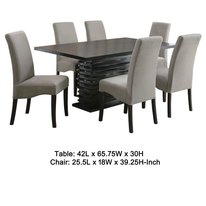 Pedestal Dining Set in Gray and Black, 7 Pieces: Table, 6 Chairs, 30"H x 65.75"L x 42"W