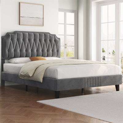 Upholstered Bed Frame with with Diamond Button-Tufted Headboard