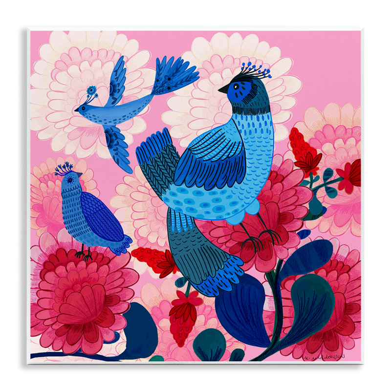 Folk Birds on Dahlias, plaque murale par Kay Widdowson
