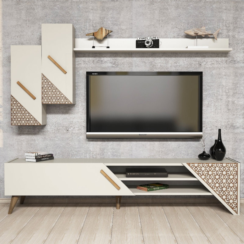 Modern Cream TV Unit with Wall Shelf & Cabinet, 70.9 x 15.7 x 14.6 inches | 100% Melamine Coated Particle Board, Thickness: 0.7 inches | Stylish Scandinavian Design, Includes Numerous Shelves, Wall-Mountable