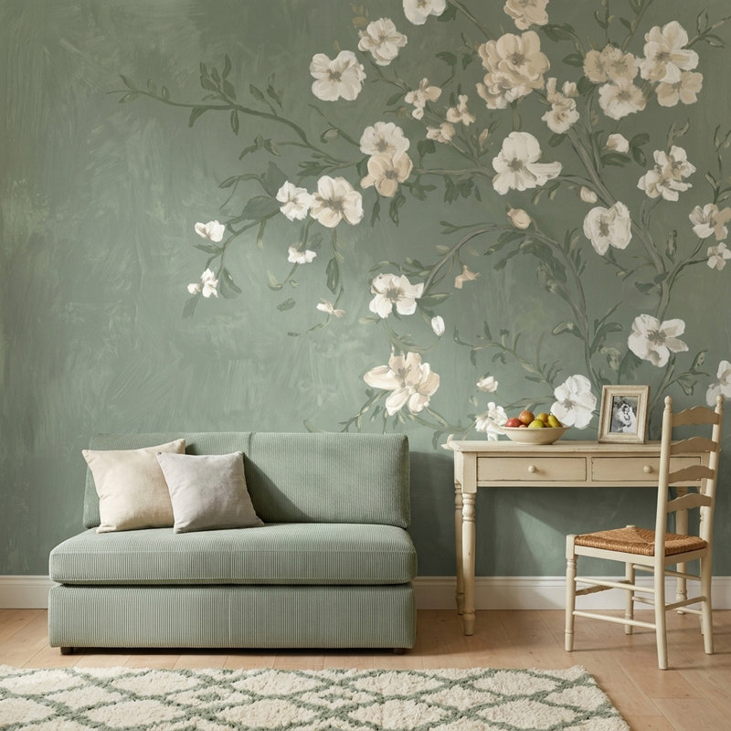 Murale botanique sauge vert, 120 po x 96 po, Non tissé