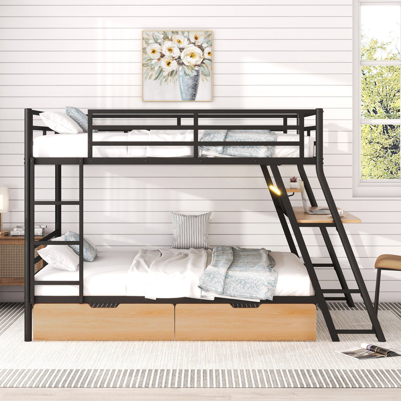 Zillah Metal Bunk Bed with Built-in Desk, Drawers and LED Light, Full over Full, Black/Oak