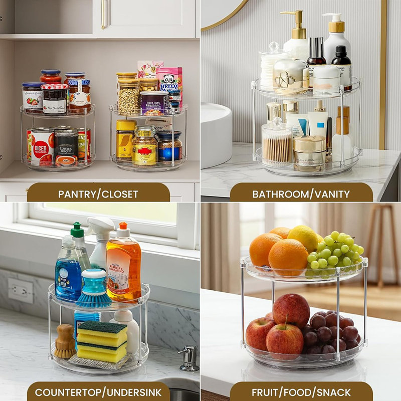 Organisateur de plateau tournant à 2 niveaux en acrylique Lazy Susan - Support à épices rotatif pour cuisine, garde-manger, salle de bain et placard