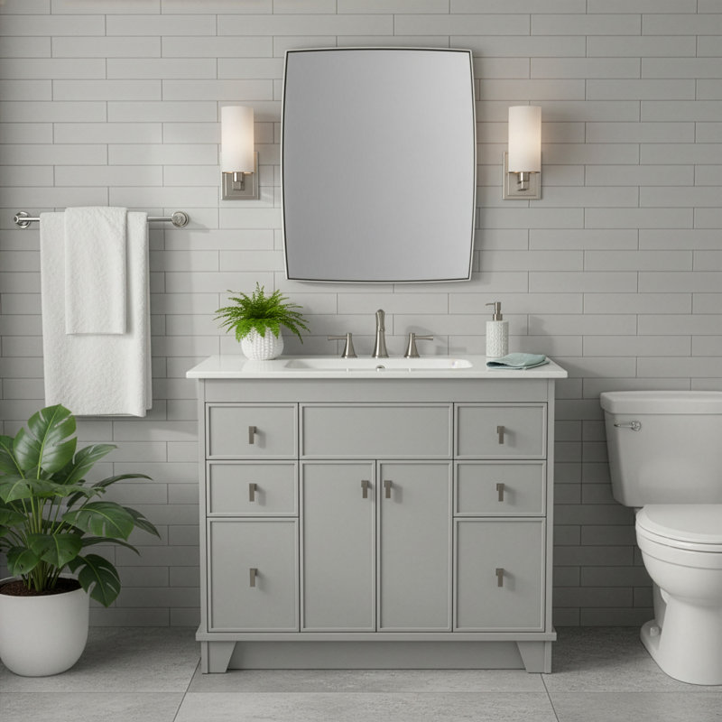 Meuble-lavabo simple 40 po - Finition gris clair avec comptoir en céramique blanche, Gris, Nickel brossé