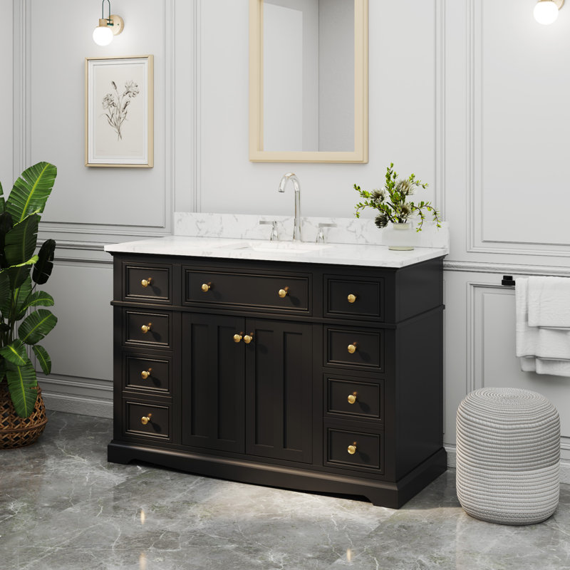 Meuble-lavabo simple Barnhart 48 po entièrement assemblé avec comptoir en pierre reconstituée, lavabo en céramique, peinture à la main, tiroirs à fermeture amortie sous le meuble et charnières de porte à fermeture amortie, dosseret inclus