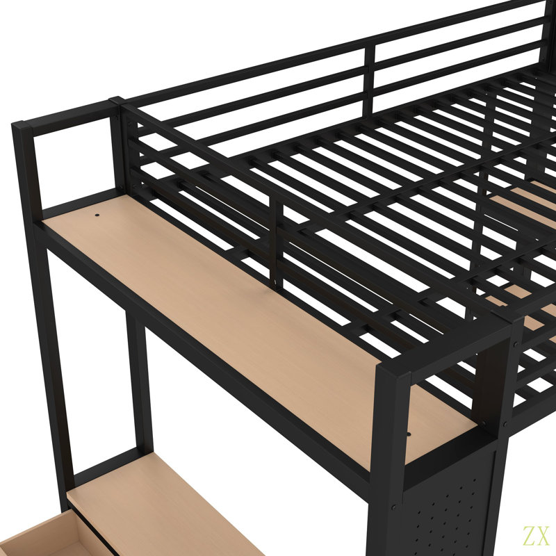 Structure de lit mezzanine avec garde-robe, lit mezzanine en métal avec tablettes de rangement et panneau perforé, Grand lit