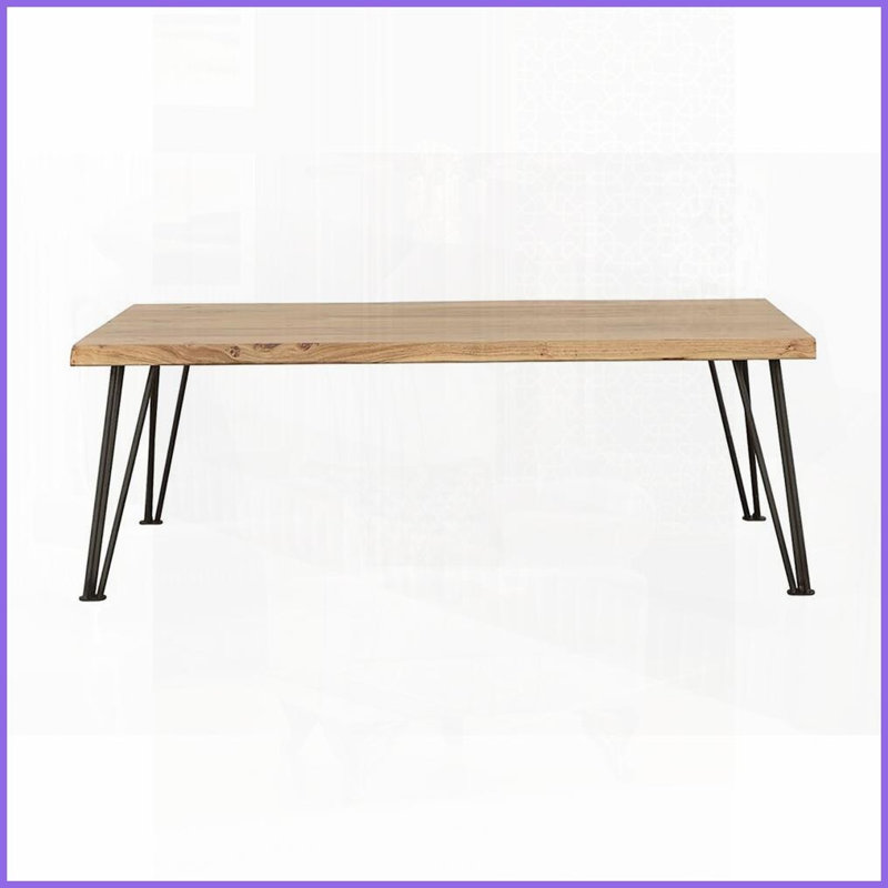 Table basse rustique en bois d'acacia avec pieds en épingle à cheveux noir mat