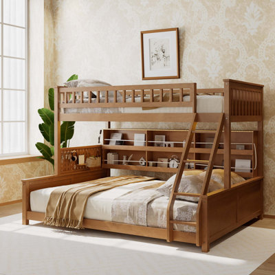 Twin XL over Queen Bunk Bed with Integrated Shelving, Color-Changing Lights and Pegboard