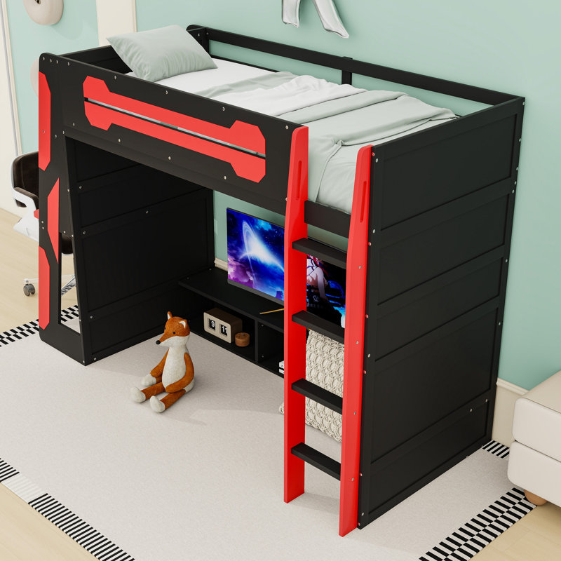Loft Bed With Desk, Multi-Storage Shelves And RGB Lights, Red