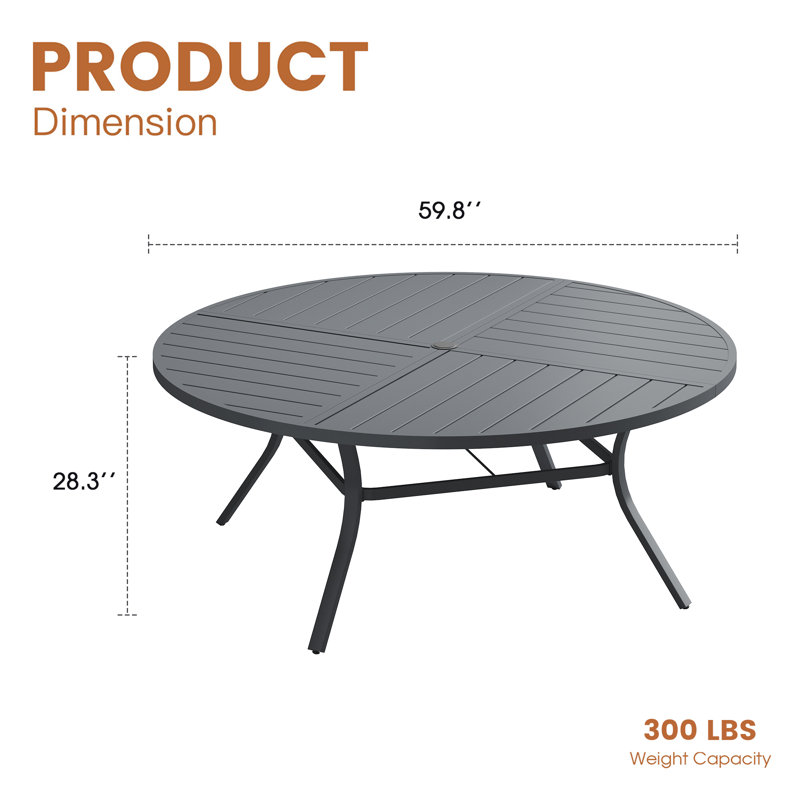 60" Round Metal Patio Dining Table, Gray