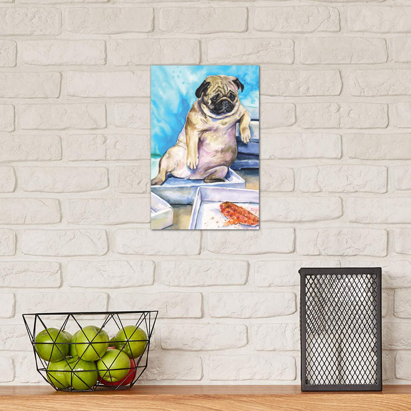 Pug and Pizza by George Dyachenko - Wrapped Canvas Painting Print, 20.32 cm H x 30.48 cm W