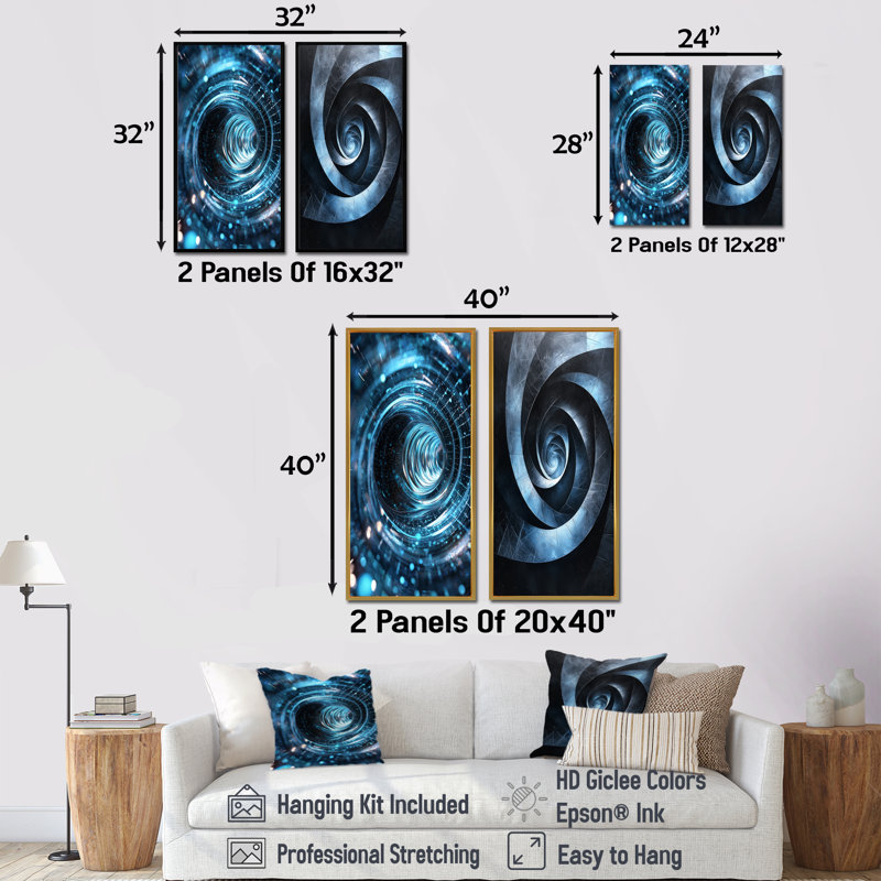 «Blue Fractal Black Hole I», ensemble de 2 pièces d'art abstrait en spirale, H 28 po x l 24 po, Cadre flottant doré