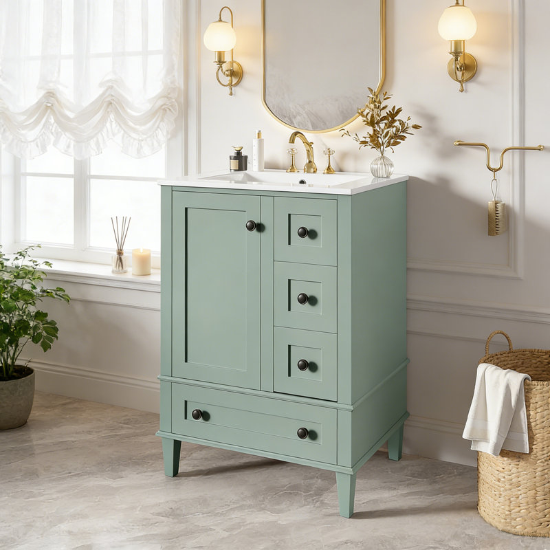 24'' Single Bathroom Vanity With Ceramic Top, Light Green