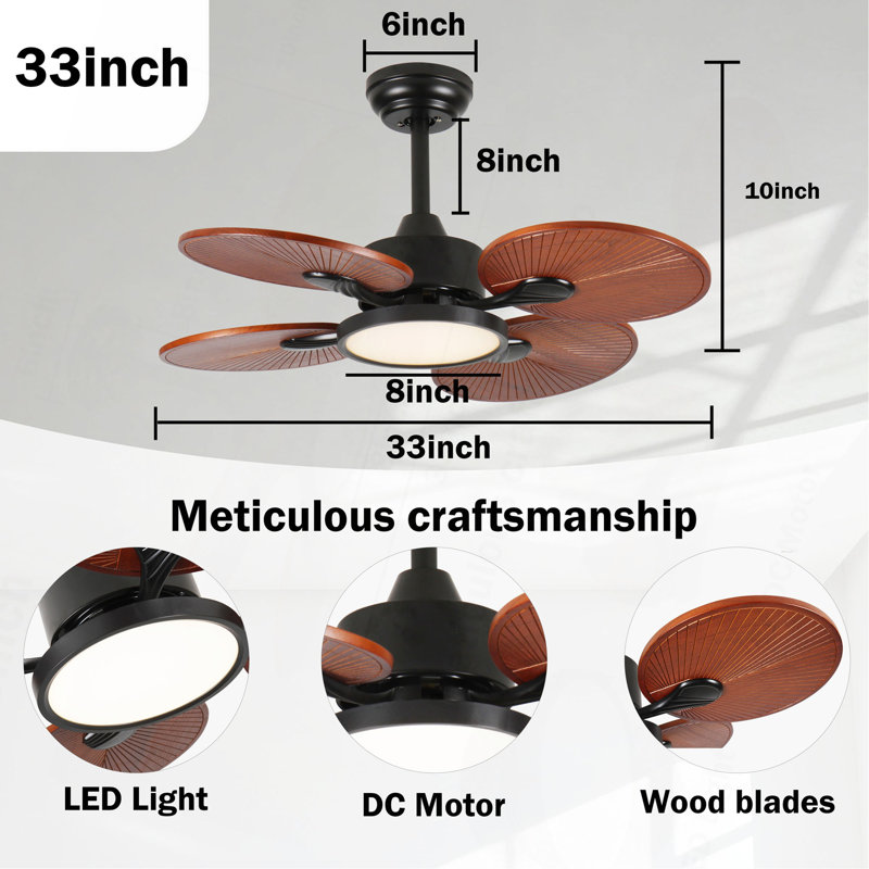 Ventilateur de plafond avec lumière, 5 pales en bois massif, moteur à courant continu, application et télécommande, DEL à spectre complet à intensité variable, flux d'air réversible, pour chambre à coucher de salon de 15 x 15 pi, fonctionne sur des plafonds inclinés