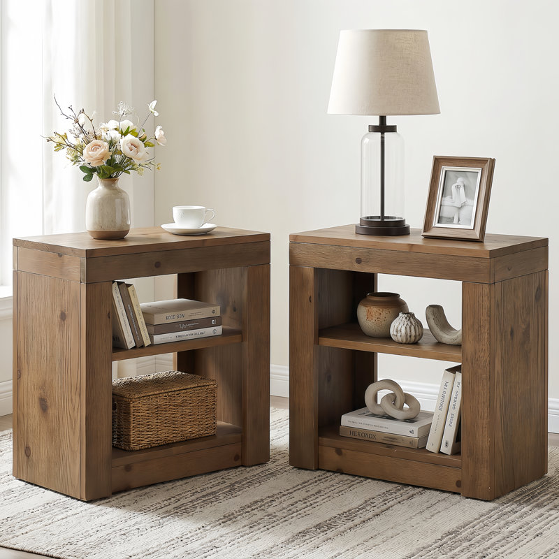 Table de bout en bois massif de 24 po avec 2 tablettes ouvertes, table d'appoint / table de chevet Modern Farmhouse, table d'appoint rustique pour le salon et la chambre à coucher