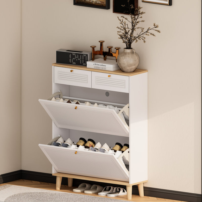 Armoire à chaussures autoportante avec 2 portes et tiroirs rabattables, organisateur étroit pour les couloirs compacts, apparence naturelle blanche, rangement adéquat, porte unique, conception de support de processus d'installation sans effort