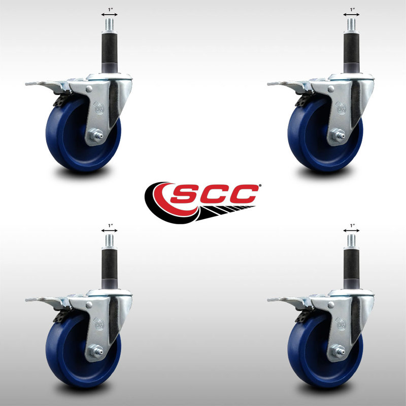 4 Inch SS Solid Poly Swivel 1 Inch Expanding Stem Caster Set Total Lock Brake