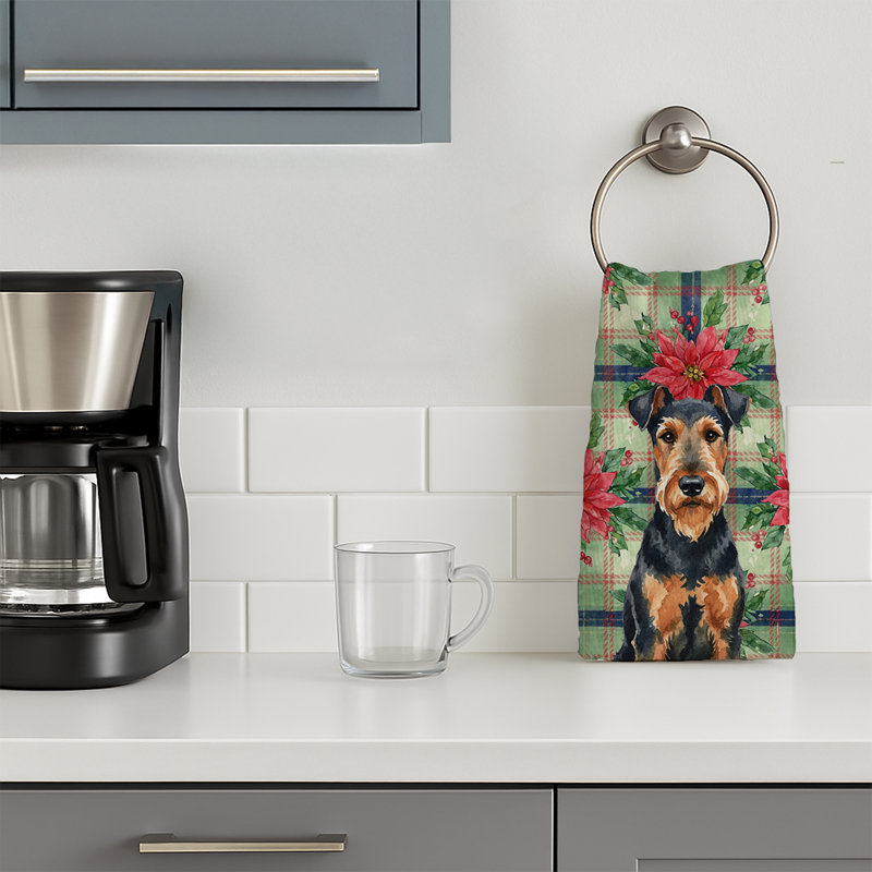 Airedale Terrier Christmas PoinsettIas Kitchen Towel, Black/Brown Airedale Terrier