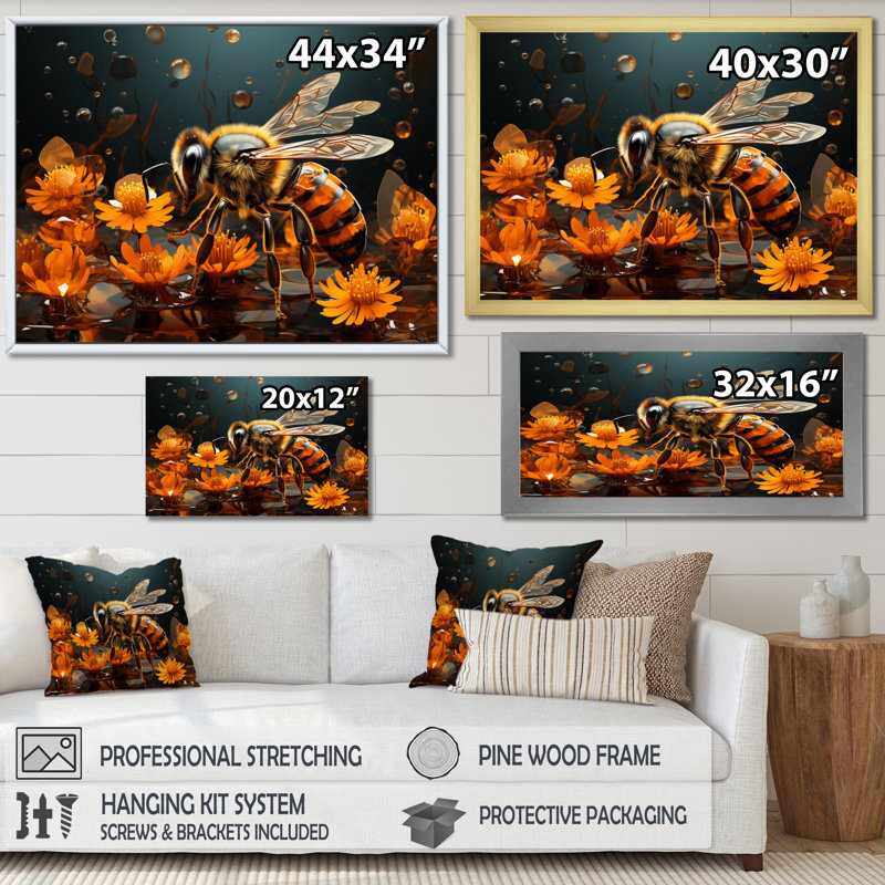 «Bee Buzzing Life», impression géométrique sur toile, Cadre flottant doré, H 12 po x l 20 po x P 1 po