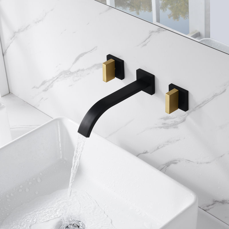 Bathroom Vanity Faucet, Wall Sink Faucet, 2 Handle Widespread Lavatory Faucet, Black/Gold