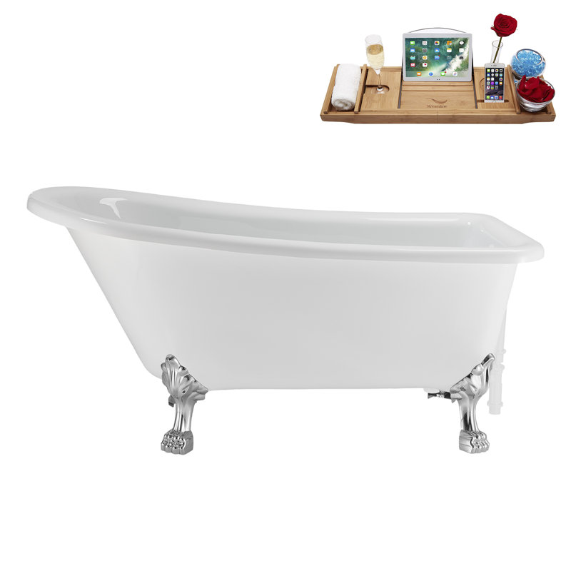 58" Streamlin Clawfoot Tub,Tray,Drain, Clawfeet, Polished Chrome, Glossy White