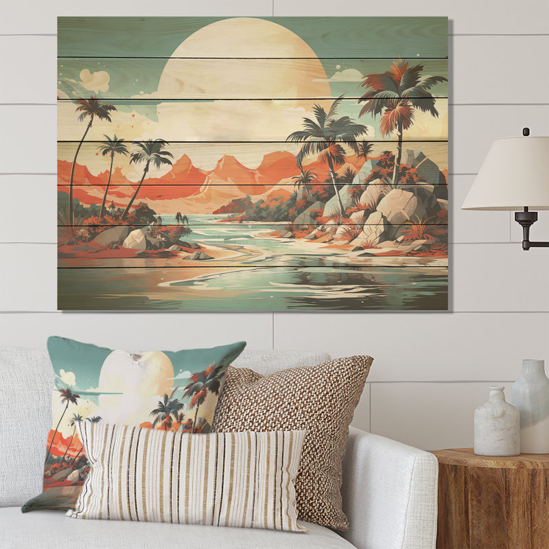 Art déco, rêves tropicaux au coucher du soleil II - Paysage abstrait sur bois, H 30 po x l 40 po