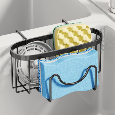 Porte-éponge pour évier de cuisine - Porte-évier de cuisine mobile avec crochet en forme de M, porte-éponge suspendu en acier inoxydable pour éponge à vaisselle, brosse, organisateur de bouchon d'évier dans un évier double, noir