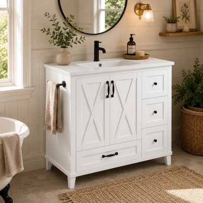 36" Bathroom Vanity with Ceramic Sink Top, Farmhouse Vanity Cabinet with 4 Drawers, X-Panel Doors and Adjustable Shelf