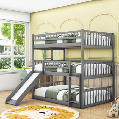 Full Over Full Over Full Bunk Bed With Convertible Slide And Ladder,Guardrails
