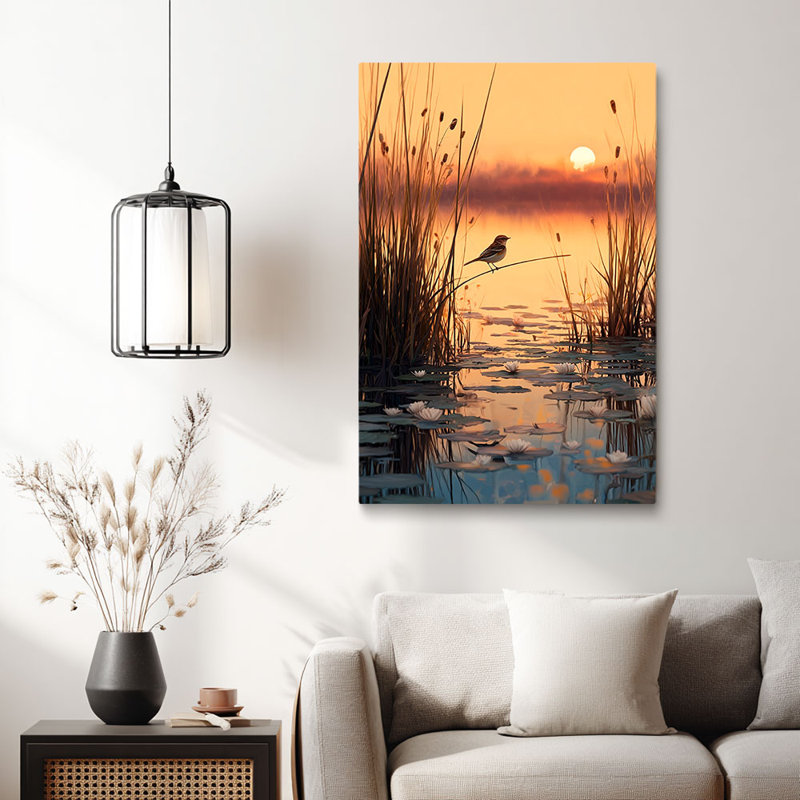 Cadre lumineux tendu «Bird on Reed with Lily Pads» lumineux pour studio Cozy Studio, 18 * 12 pouces (45 * 30 * 2cm)