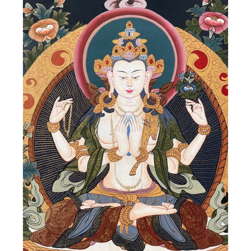 Chengrezig Thangka (Thangka sans brocart) | Or 24 carats, gouache et acrylique sur toile de coton
