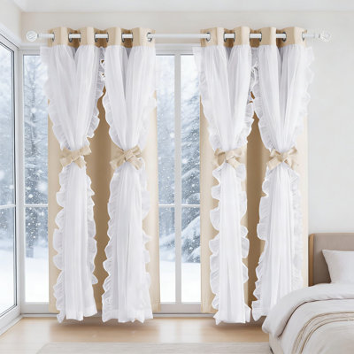 Double Layer Blackout Curtains With Sheer Ruffles And Tiebacks - Light Blocking And Sound Reducing Window Treatments For French Country And Rustic Decor