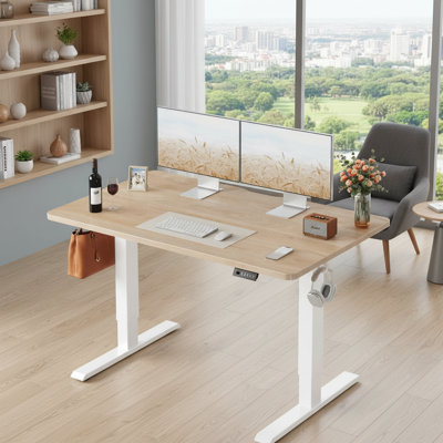 Standing Desk, 48 X 24 Inches, Electrically Height-Adjustable, Can Be Used As A Seat Or Stand-Up Unit, Computer Desk With Interlocking Panel, White Frame/Maple Desktop.