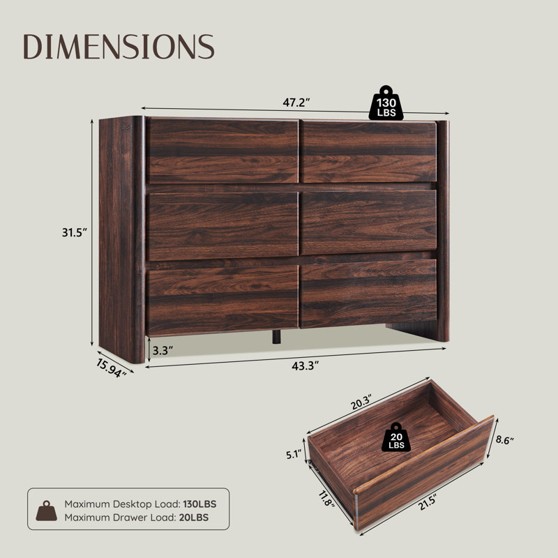 Bolanos Modern 6 Drawers Dresser for Bedroom, 47" Wide Wood Dressers & Chests of Drawers, Wood Night Stand w/Rounded Corner Design for Bedroom