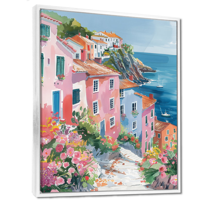 Rose, bleu, charmant, Italie, bord de mer, village, art mural, salon, Cadre flottant blanc, H 24 po x l 32 po