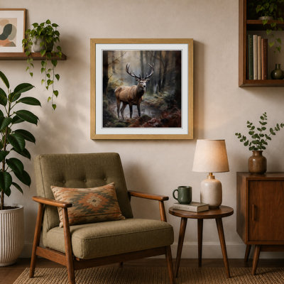 Stag In A Forest Realism - Single Picture Frame Print on Wood