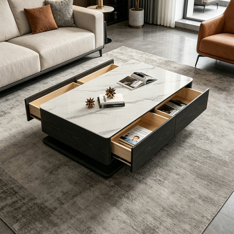 Table basse de rangement rectangulaire sur pied, Blanc / gris clair, H 16,92 po x L 51,18 po x l 27,55 po