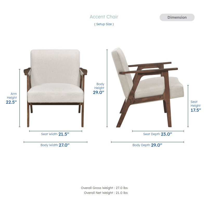 Garennier 27" Mid-Century Modern Accent Chair with Textured Fabric Upholstery, Solid Rubberwood Frame, Dacron Wrapped Foam Seat Cushion